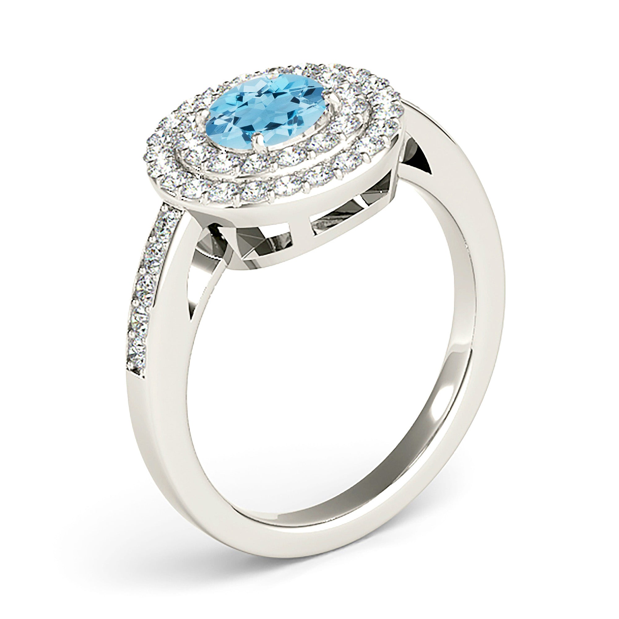 1.10 ct. Genuine Aquamarine Ring With 0.70 ctw. Diamond Double Row Halo And Delicate Diamond Band | Round Blue Aquamarine Halo Ring-VIRABYANI